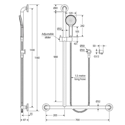 Fienza Luciana Care Chrome Left Hand Inverted T Rail Shower ,