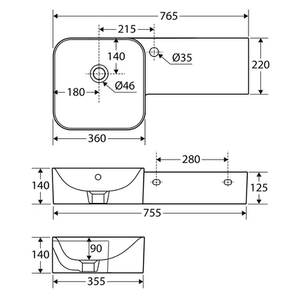 Fienza RAK Petit Square Wall Basin 1 Tap Hole ,