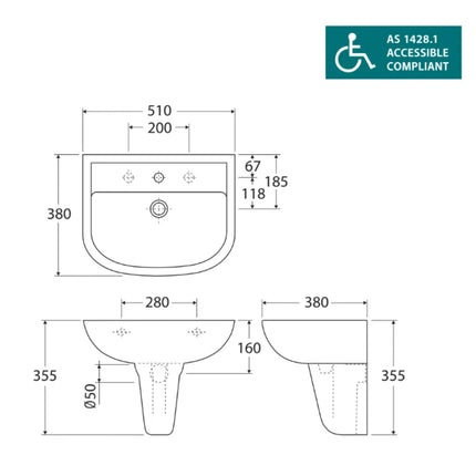 Fienza Rak X500 Gloss White Wall Basin, Integral Shroud ,