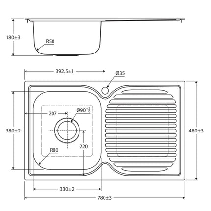 Fienza Tiva Stainless Steel Kitchen Sink With Drainer, 780mm, Single Left Bowl ,