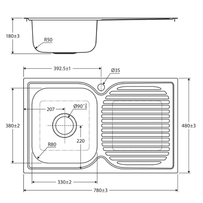 Fienza Tiva Stainless Steel Kitchen Sink With Drainer, 780mm, Single Right Bowl ,