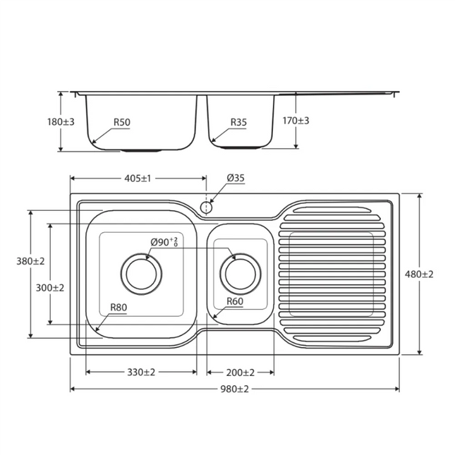 Fienza Tiva 1.5 Stainless Steel Kitchen Sink With Drainer, 980mm, Left Double Bowl ,