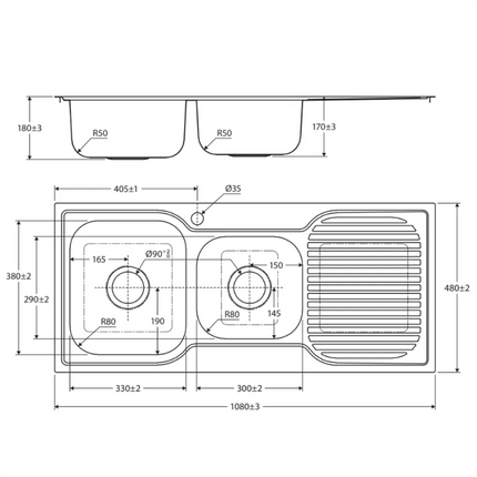 Fienza Tiva 1.75 Stainless Steel Kitchen Sink With Drainer, 1080mm, Left Double Bowl ,