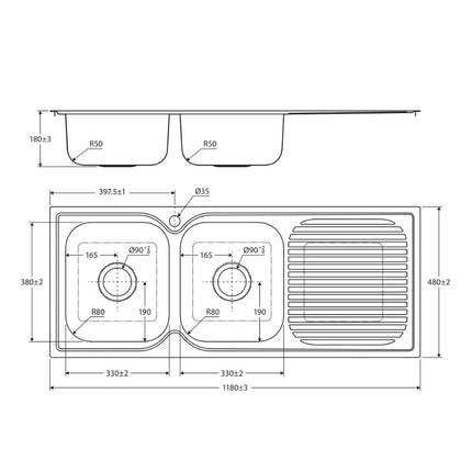 Fienza Tiva Stainless Steel Kitchen Sink With Drainer, 1180mm, Right Double Bowl ,