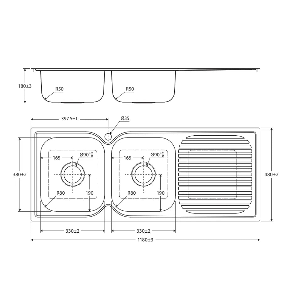 Fienza Tiva Stainless Steel Kitchen Sink With Drainer, 1180mm, Right Double Bowl ,