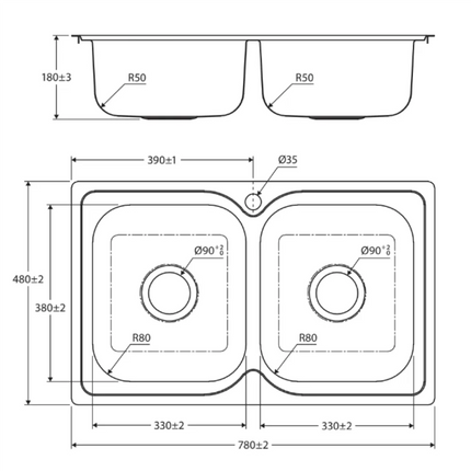 Fienza Tiva Stainless Steel Kitchen Sink, 780mm, Double Bowl, No Tap Hole ,