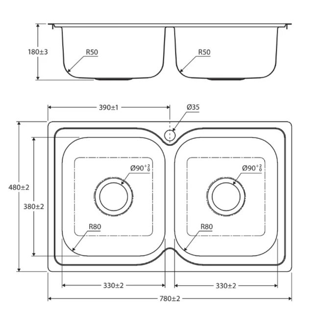 Fienza Tiva Stainless Steel Kitchen Sink, 780mm, Double Bowl, No Tap Hole ,