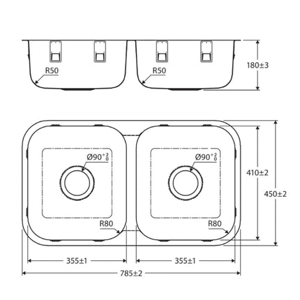 Fienza Tiva Stainless Steel Kitchen Sink, 785mm, Double Bowl ,