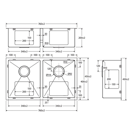 Fienza Hana Top/Undermount Stainless Steel Anti-Scratch Double Kitchen Sink, 27L/27L