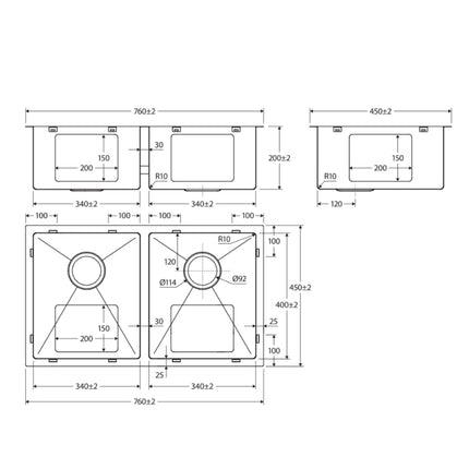 Fienza Hana Stainless Steel Kitchen Sink, 27L, Double Bowl ,