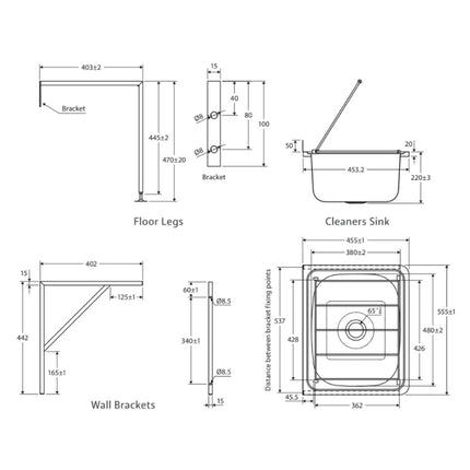 Fienza Cleaners Stainless Steel Sink With Wall Brackets Kit, 35L ,