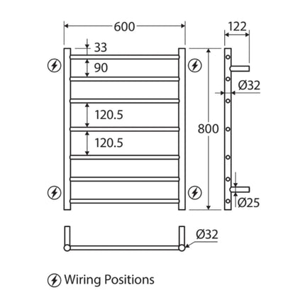 Fienza Isabella 600x800mm Brushed Nickel Heated Towel Rail (7 Bars) ,