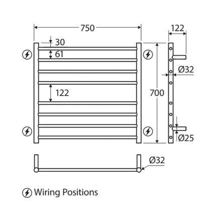 Fienza Isabella 750x700mm Matte Black Heated Towel Rail (8 Bars) ,