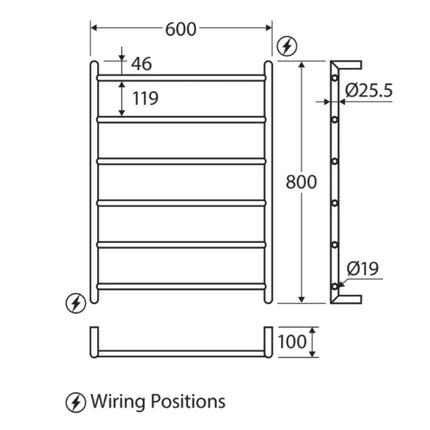 Fienza Kaya 600x800mm Matte Black Heated Towel Rail (6 Bars) ,