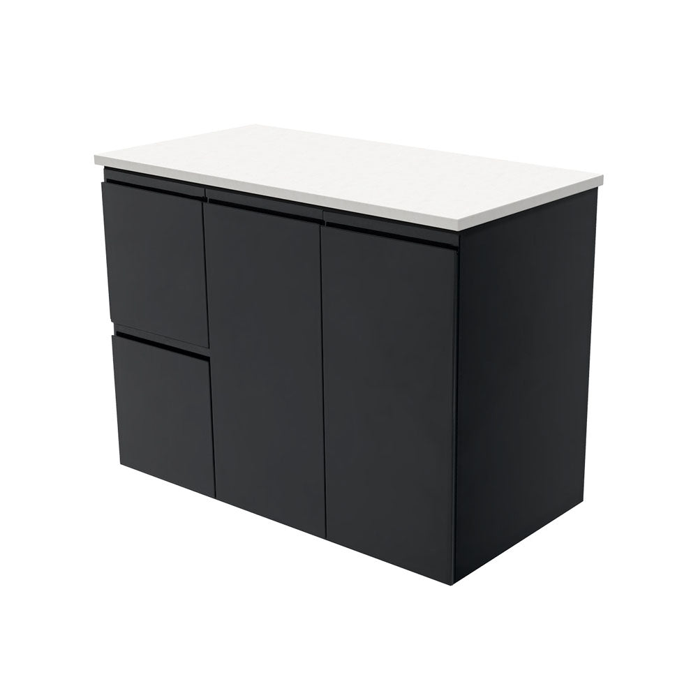 Fienza Fingerpull Satin Black 900 Wall Hung Cabinet, Solid Doors , Cabinet Only Left Hand Drawer