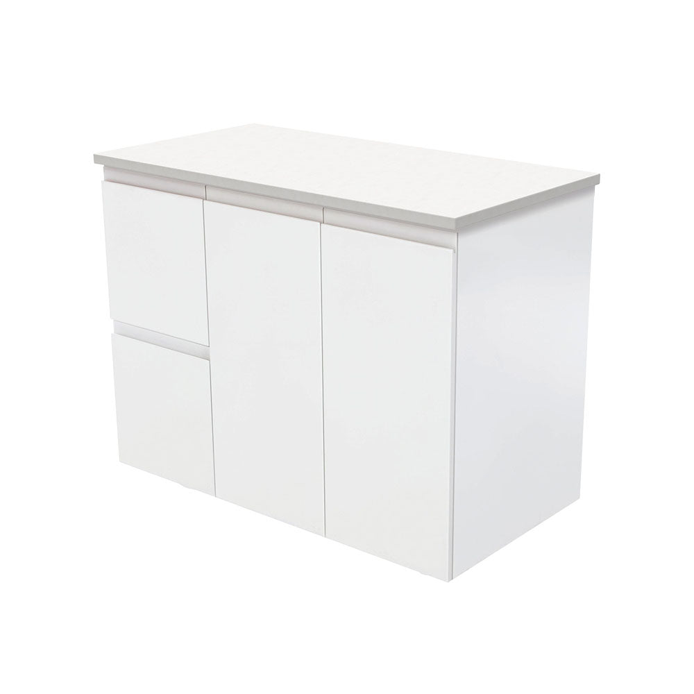 Fienza Fingerpull Satin White 900 Wall Hung Cabinet, Solid Doors , Cabinet Only Left Hand Drawer