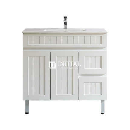 Modern Shaker Matt White Freestanding Floor Vanity Cabinet & Ceramic Top Right Hand Drawer 900X460X860 ,