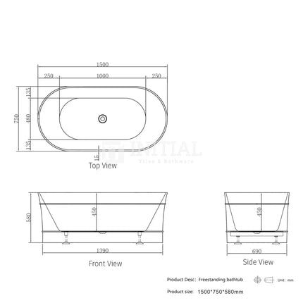 Otti Avoca Coogee 1500 Freestanding Bath, Matte White ,