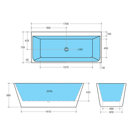 Bathroom Gloss White Alice Back to Wall Bathtub with No Overflow 1700X750X580 ,