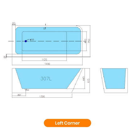 Bathroom Gloss White Alice Corner Bathtub with No Overflow 1490X750X615 ,