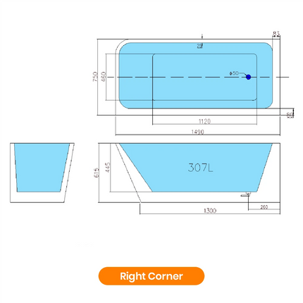 Bathroom Gloss White Alice Corner Bathtub with No Overflow 1490X750X615 ,