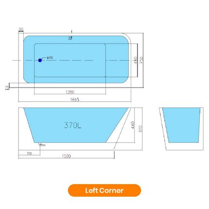 Bathroom Gloss White Alice Corner Bathtub with No Overflow 1695X750X610 ,