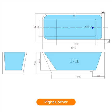 Bathroom Gloss White Alice Corner Bathtub with No Overflow 1695X750X610 ,