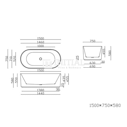 Ally Groove 1500 Matte Black Fluted Freestanding Bathtub, Oval ,