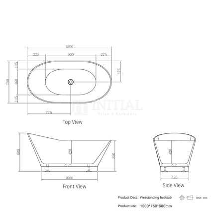 Otti Avoca Paris 1500 Freestanding Bath, Gloss White ,