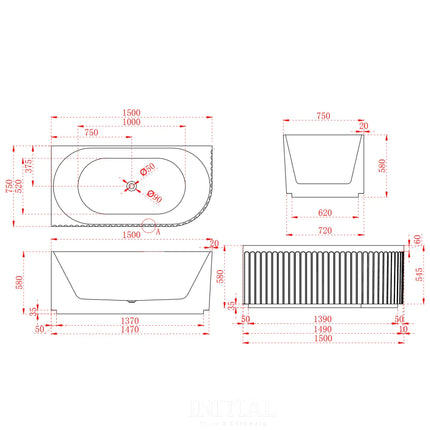 Diana 1500 Fluted Corner Bathtub Matte White Non-Over Flow 1500X750X580 ,