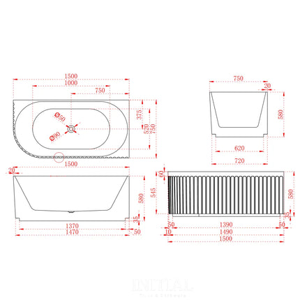 Diana 1500 Fluted Corner Bathtub Matte White Non-Over Flow 1500X750X580 ,