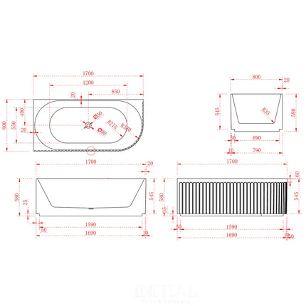 Diana 1700 Fluted Corner Bathtub Matte White Non-Over Flow 1700X800X580 ,