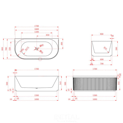 Diana 1700 Fluted Back To Wall Bathtub Matte White Non-Over Flow 1700X800X580 ,