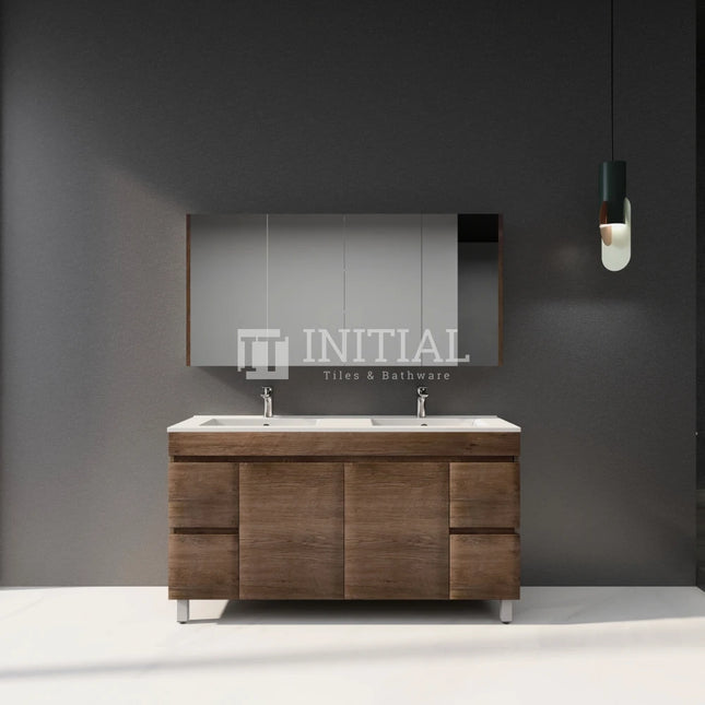 Begin 1500 Dark Oak Wood Grain MDF Freestanding Vanity, 2 Solid Doors, 4 Drawers ,