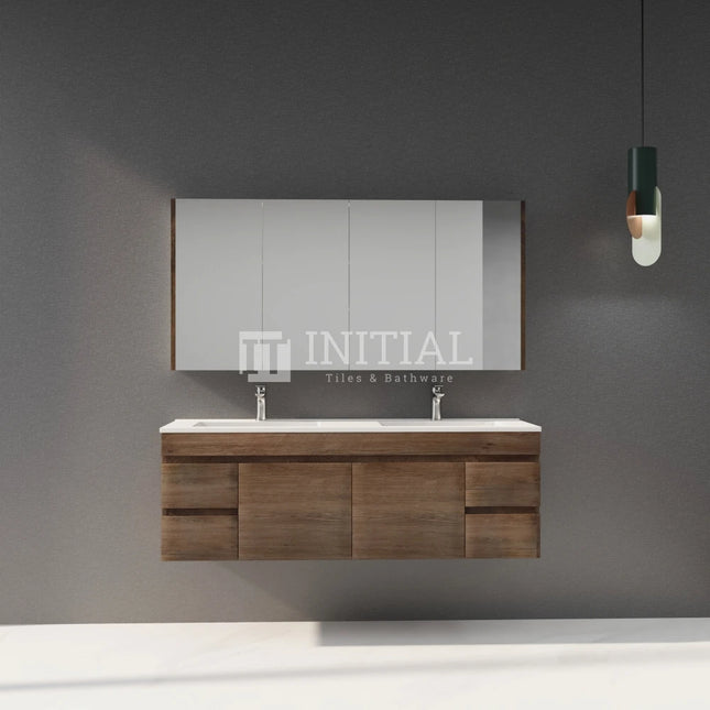 Begin 1500 Dark Oak Wood Grain MDF Wall Hung Vanity, 2 Solid Doors, 4 Drawers , With Ceramic Top - Double Bowl