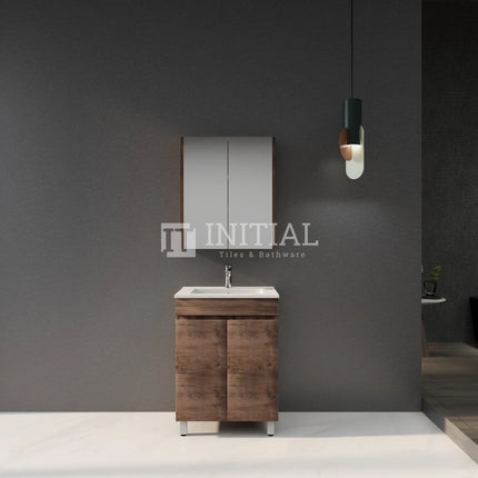 Begin Slim 600 Dark Oak Wood Grain MDF Freestanding Vanity, 2 Solid Doors , With Ceramic Top