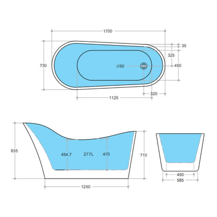 Bathroom Gloss White Brio Floor Freestanding Bathtub with No Overflow 1700X730X835 ,