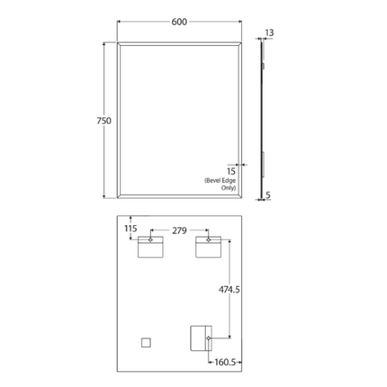 Fienza Rectangular Mirror, Pencil Edge, 600 x 750mm ,