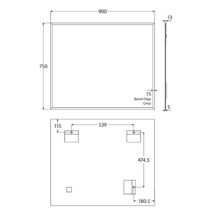 Fienza Rectangular Mirror, Pencil Edge, 900 x 750mm ,