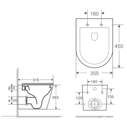 Bryan Quiet Flush Rimless Wall Hung Pan Toilet Gloss White 515X360X355