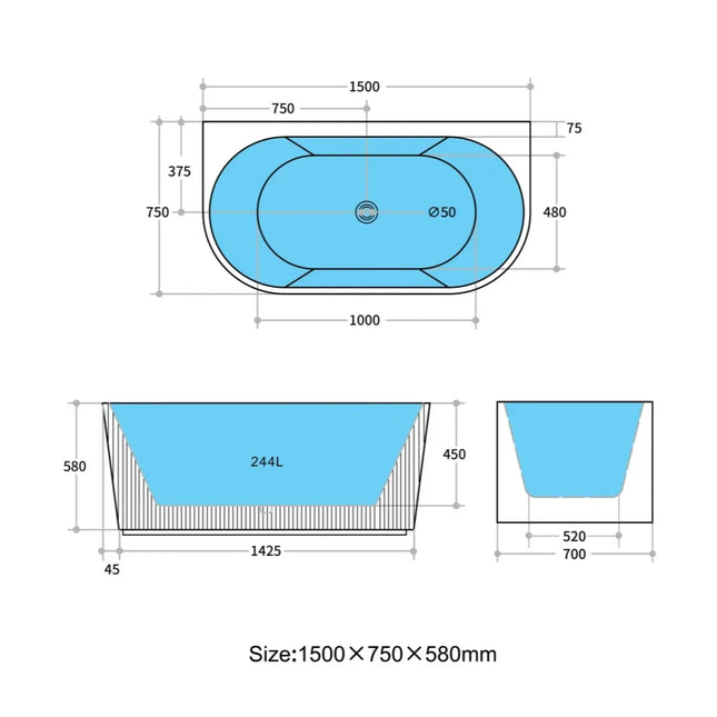 Ceto Bari Groove Fluted Back to Wall Bathtub, Oval, Matte White, 1500 X 750 X 580mm