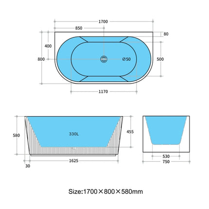 Brighton Groove Fluted Back to Wall Bathtub, Oval, Matte Black, 1700 X 800 X 580mm