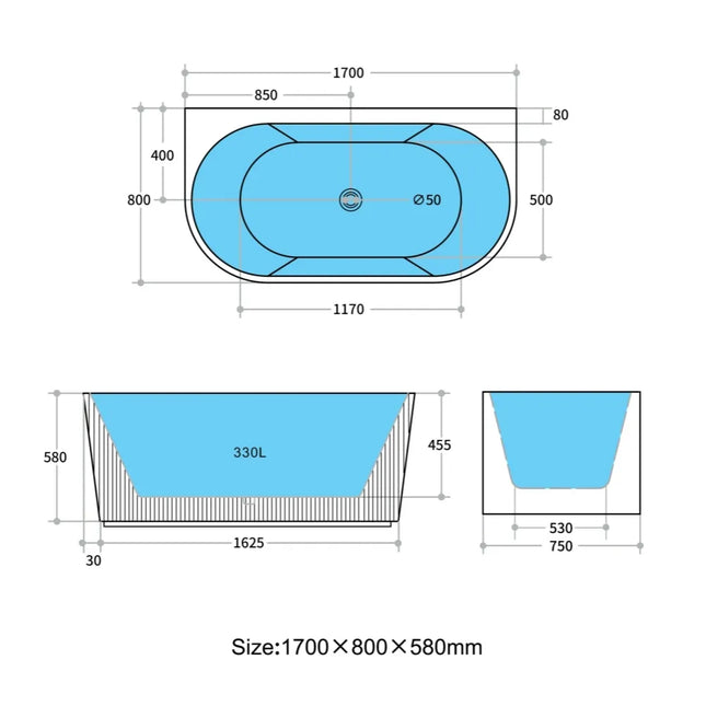 Ceto Bari Groove Fluted Back to Wall Bathtub, Oval, Matte White, 1700 X 800 X 580mm