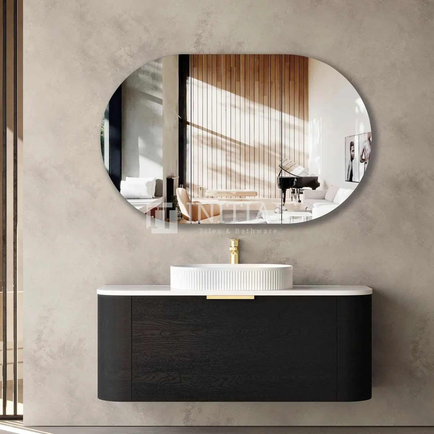 Otti Bondi Wall Hung Curve Vanity with 1 Drawer Black Oak 1200X460X450 , With Stone Top - Solid Surface Carrara