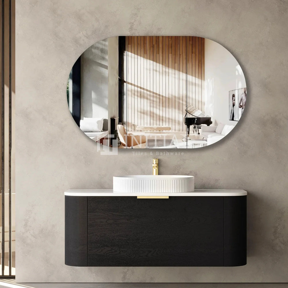 Otti Bondi Wall Hung Curve Vanity with 1 Drawer Black Oak 1200X460X450 , With Stone Top - Quartz Pure White Brushed Gold