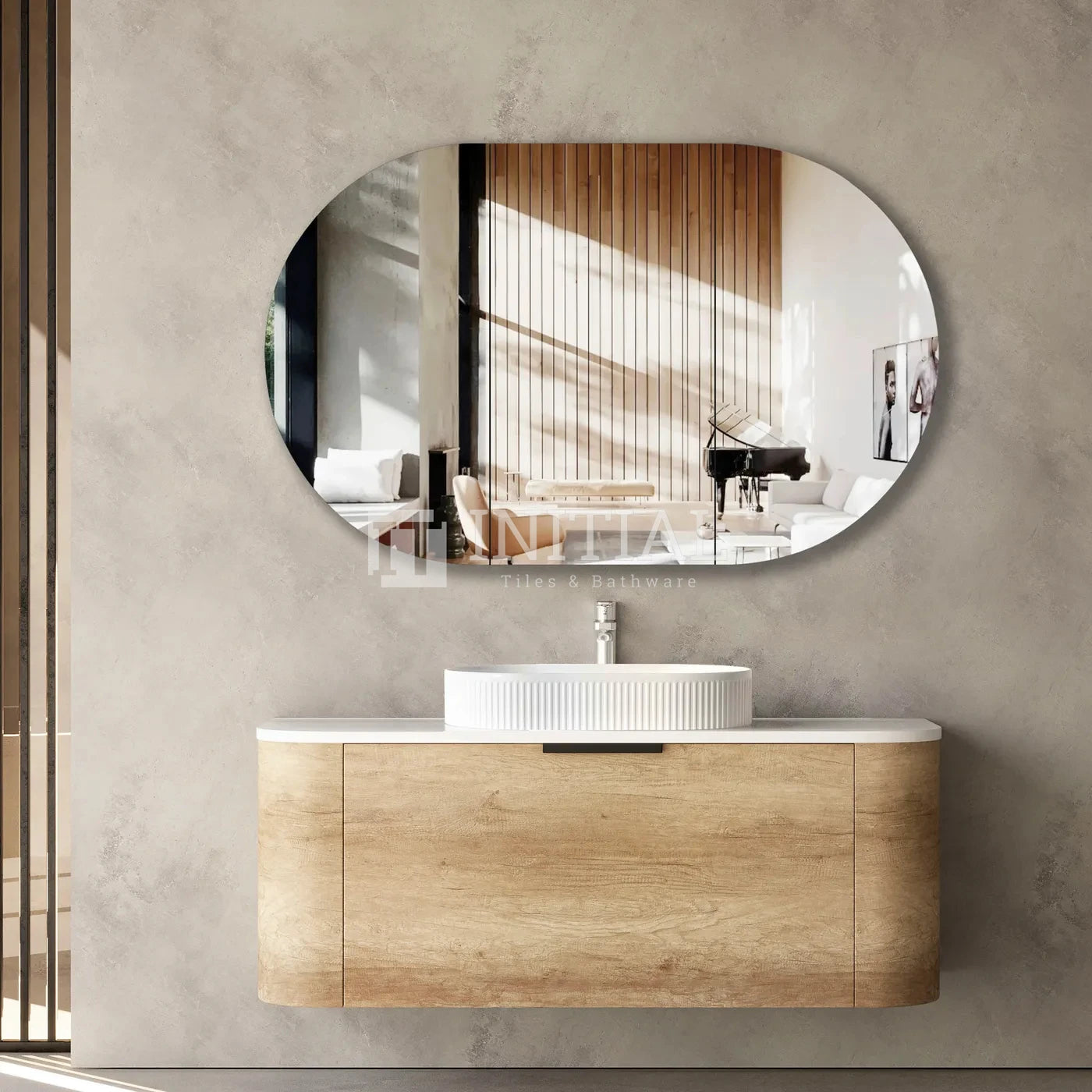 Otti Bondi Wall Hung Curve Vanity with 1 Drawer Natural Oak 1200X460X450 , With Stone Top - Solid Surface Carrara