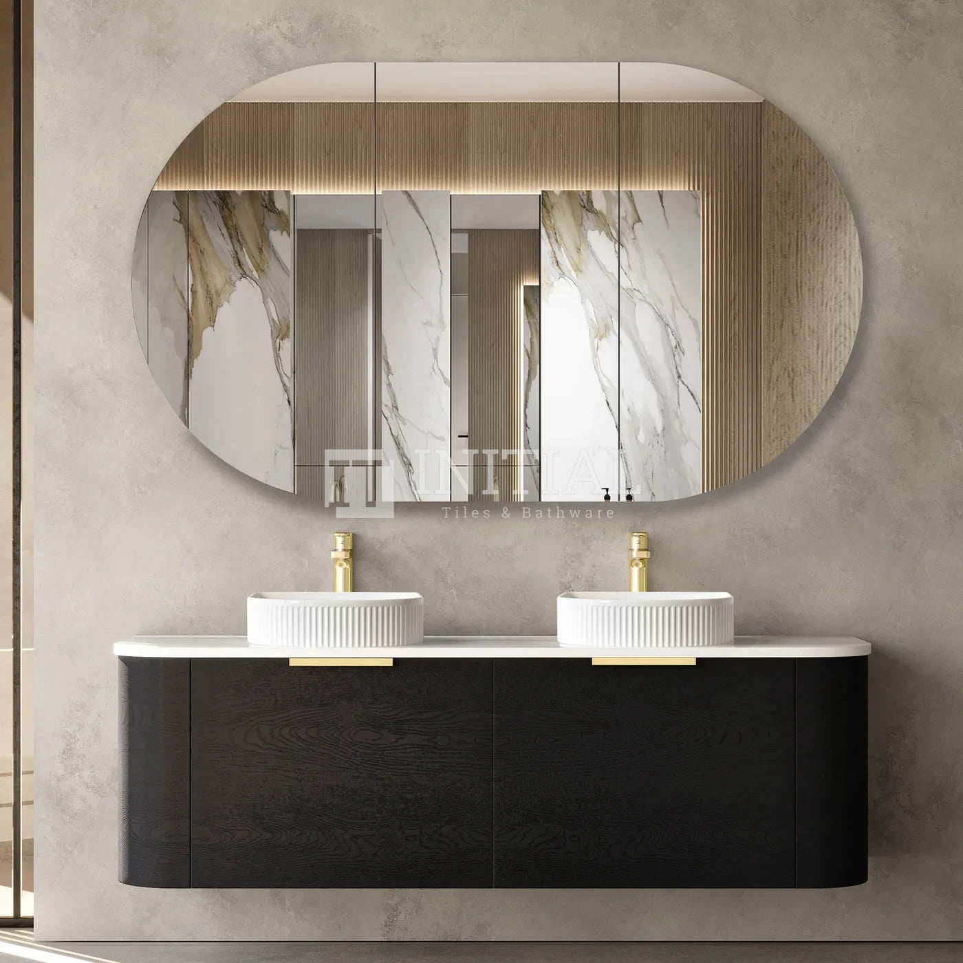 Otti Bondi Wall Hung Curve Vanity with 2 Drawers Black Oak 1500X450X450 , With Stone Top - Solid Surface Carrara