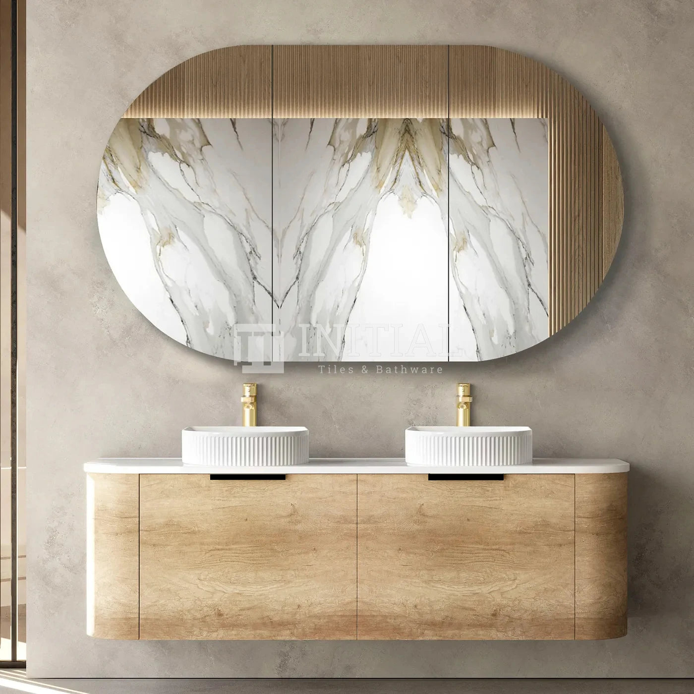 Otti Bondi Wall Hung Curve Vanity with 2 Drawers Natural Oak 1500X450X450 , With Stone Top - Solid Surface Carrara