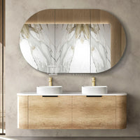 Otti Bondi Wall Hung Curve Vanity with 2 Drawers Natural Oak 1500X450X450 , With Stone Top - Solid Surface Carrara