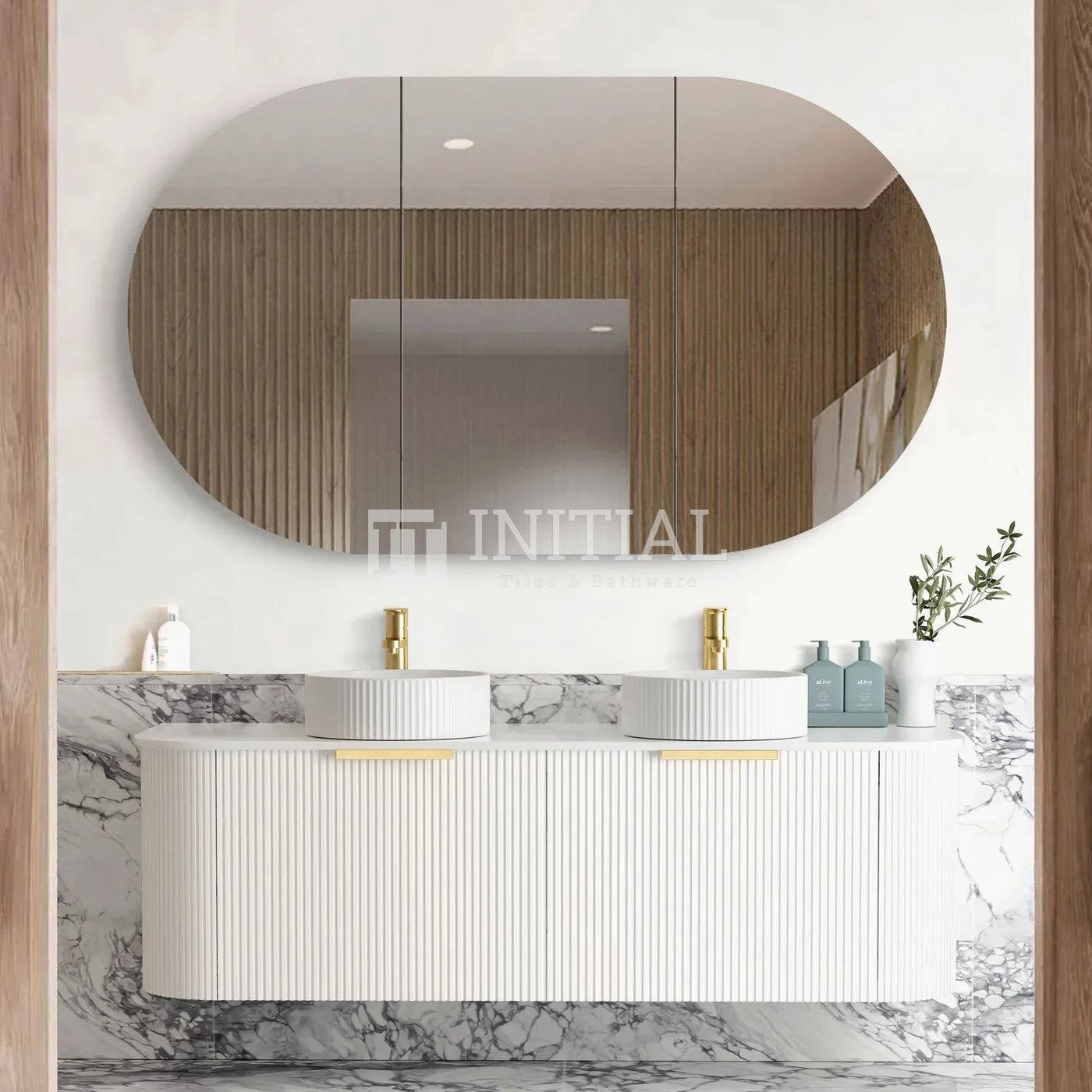 Otti Bondi Wall Hung Curve Vanity with 2 Drawers Matte White 1500X450X450 , With Stone Top - Solid Surface Carrara